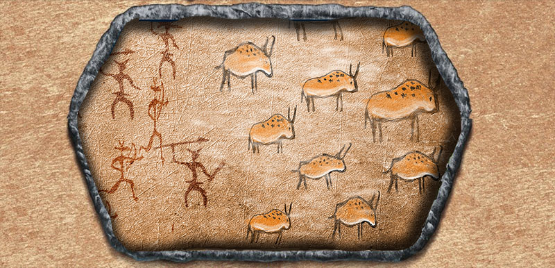 Hunting with stone tools depiction