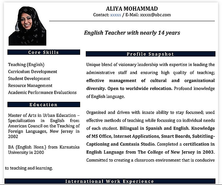 Sample Resume of a teacher on Naukrigulf