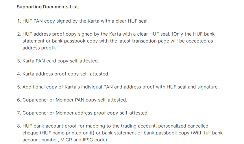 List of documents for HUF demat account in Zerodha 